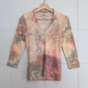 Vintage y2k boho lace romantic print 3/4 sleeve shirt